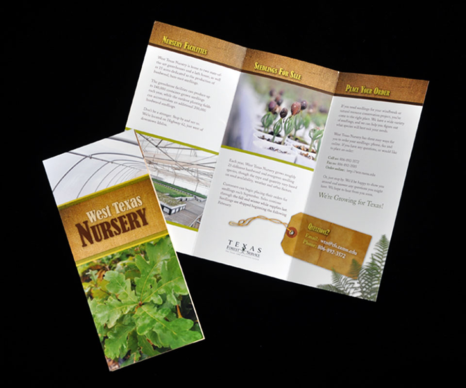 trifold brochure featuring plant images and information about the West Texas Nursey
