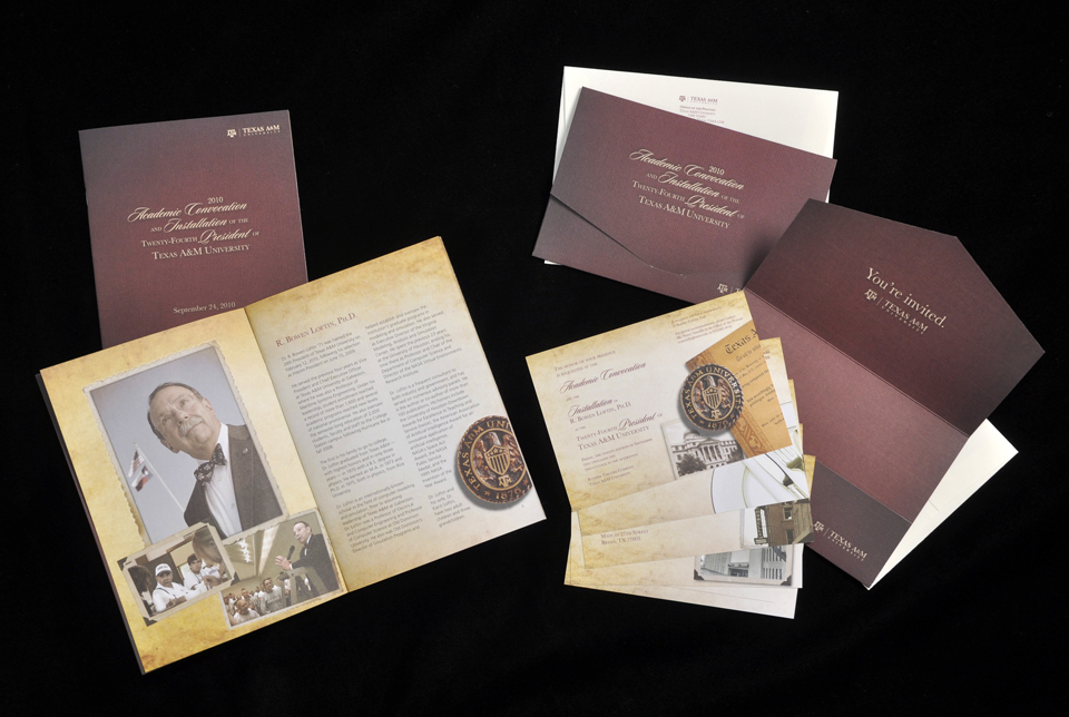 cover and spread of convocation program, inserts and container of the invitation itself