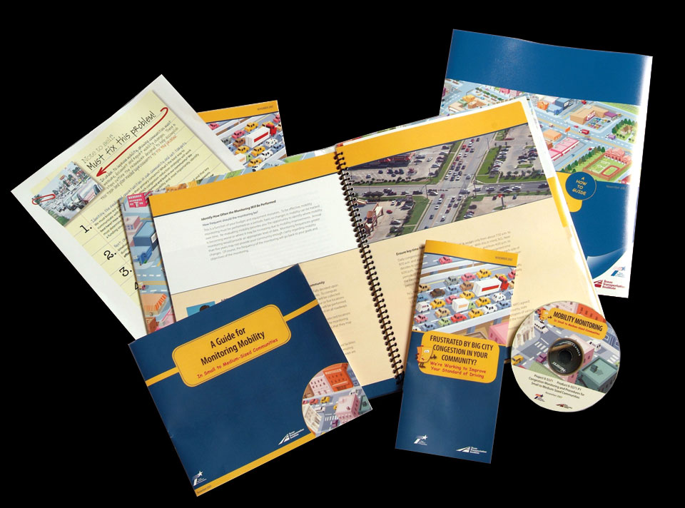 A CD, trifold brochure, booklet cover, and inside spread of a colorful set of mobility materials